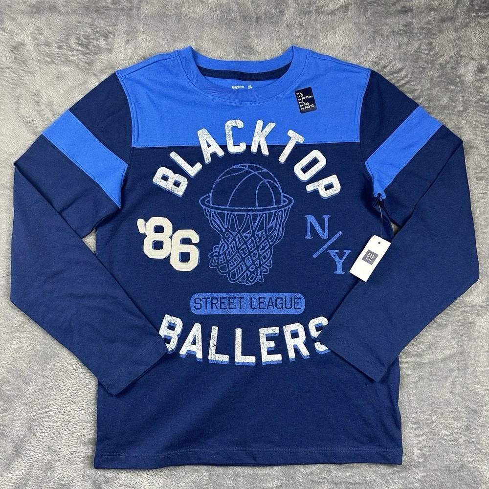 Gap Kids Large 32x22.5 Inch Long Sleeve‎ Shirt Blue White Sport Basketball NWT